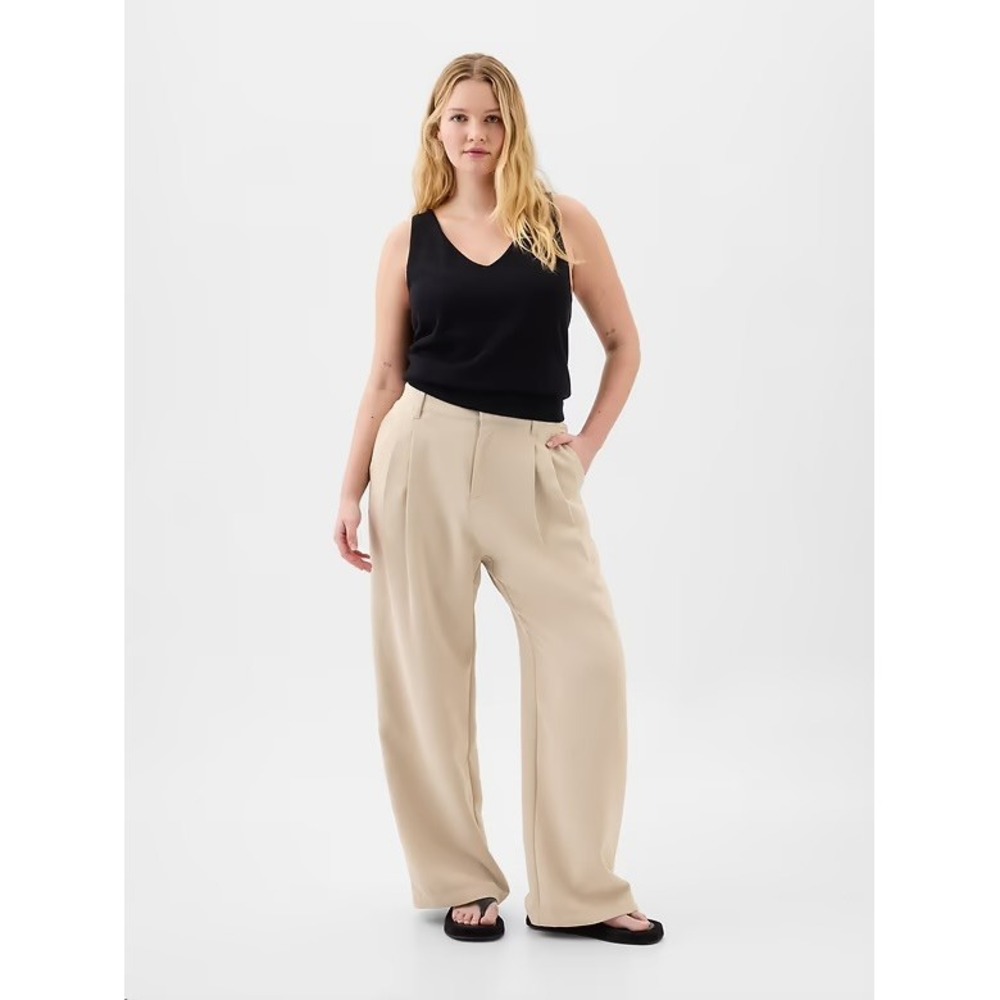 Gap Easy Trouser Pants 14 Beige Pleated Wide Leg High Rise Crepe Relaxed Fit